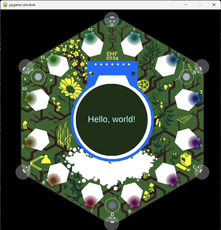 A simulation of the hexagonal camp badge. The circular screen in the middle has a dark red background and the words "Hello, world!" in pale blue in the middle.